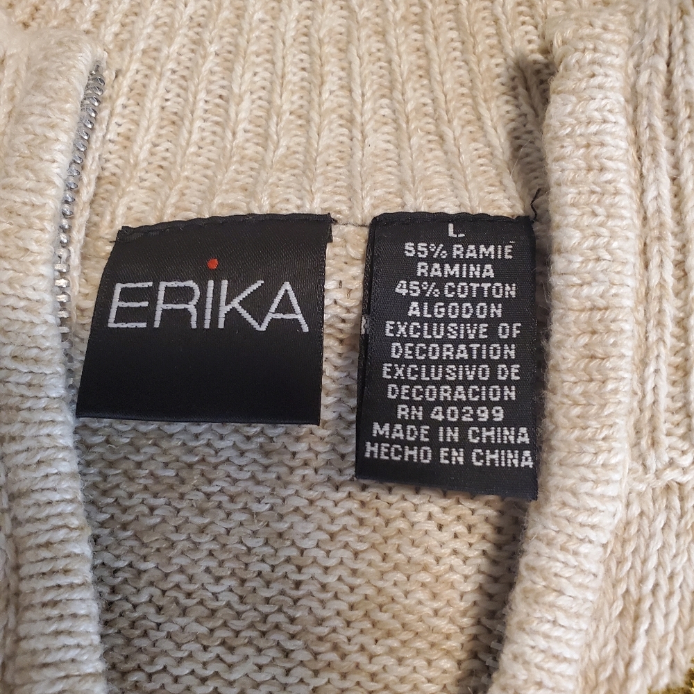 ERIKA Women's Size L Tan embroidered zipper front Winter Wonderland sweater - Picture 4 of 8